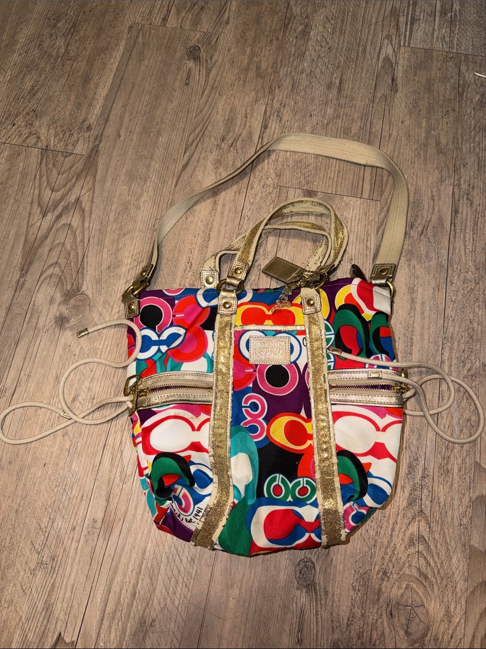 Coach Multicolor Graphic Canvas Tote with Gold Trim
